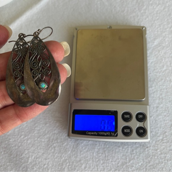 Sterling silver 925 with Opals drop fish hook earrings scroll + hammered details - Picture 5 of 10